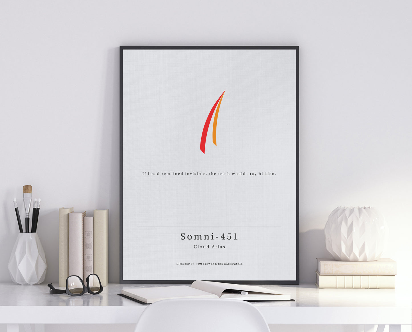 Cloud Atlas movie quote digital poster featuring Doona Bae’s quote "If I had remained invisible, the truth would stay hidden." on an off-white background with an art design Somni-451’s iconic hair stripe.
