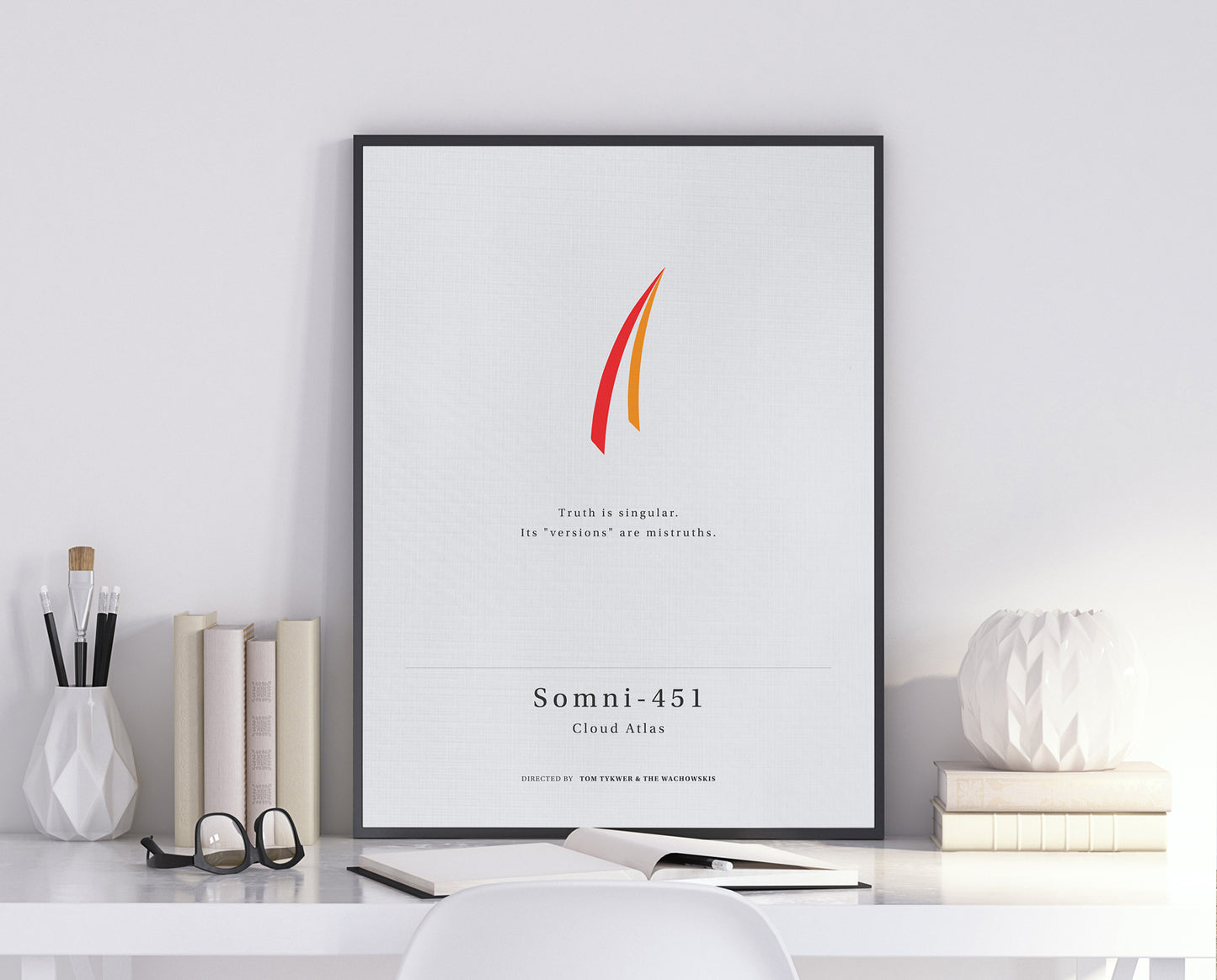 Cloud Atlas movie quote digital poster featuring Doona Bae’s quote "Truth is singular. Its "versions" are mistruths." on an off-white background with an art design Somni-451’s iconic hair stripe.