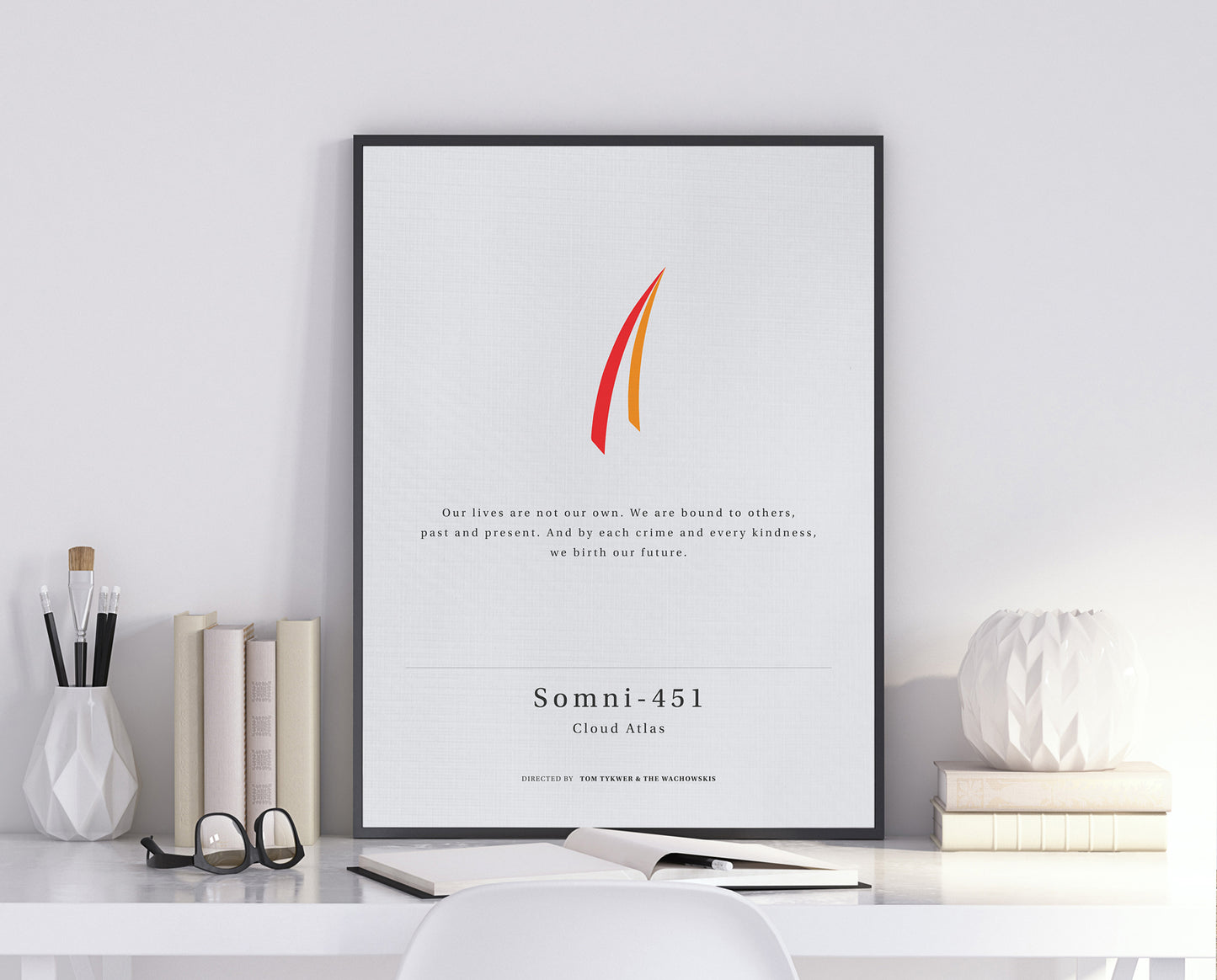 Cloud Atlas movie quote digital poster featuring Doona Bae’s quote "Our lives are not our own. We are bound to others, past and present. And by each crime and every kindness, we birth our future." on an off-white background with an art design Somni-451’s iconic hair stripe.