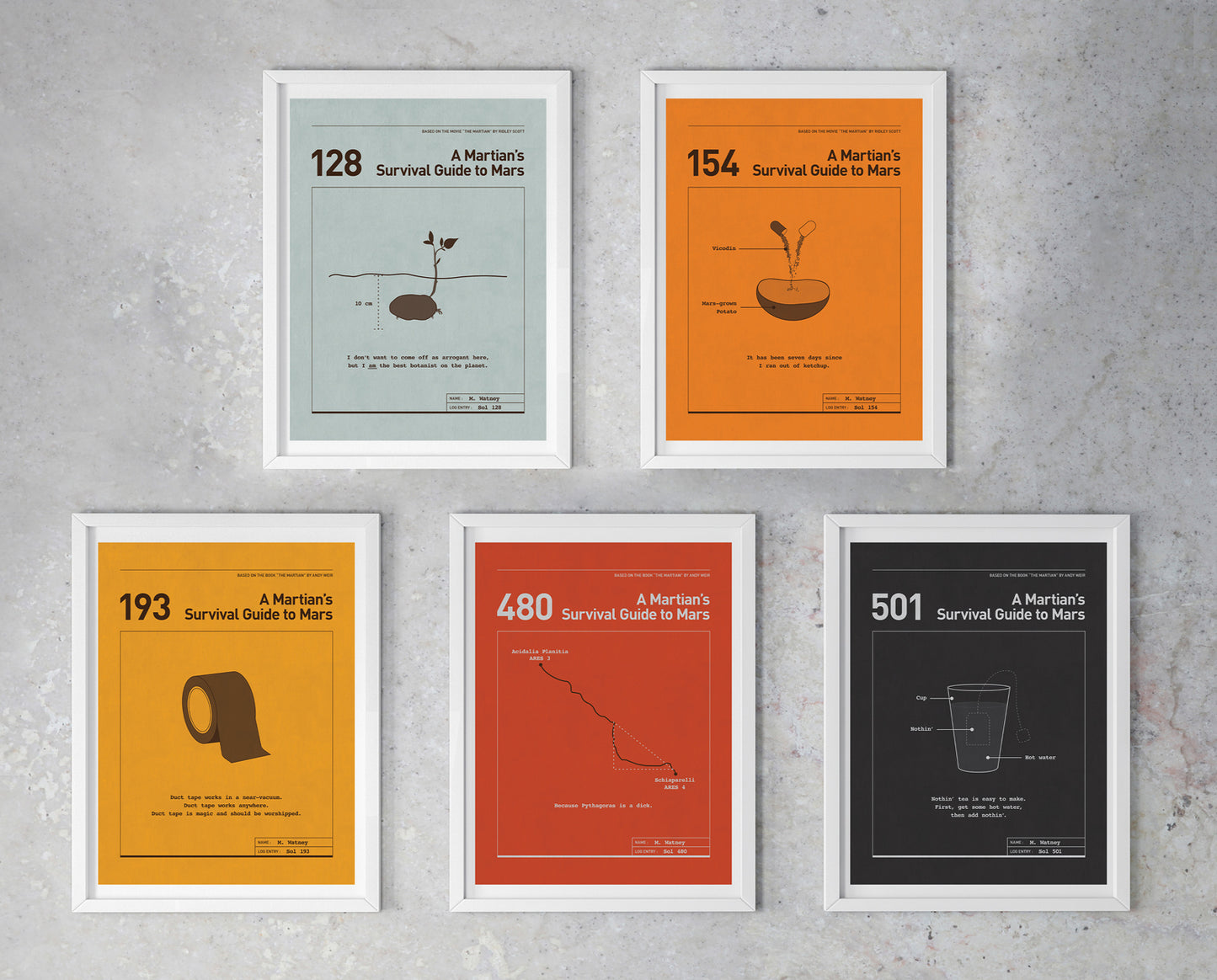 A collection of The Martian movie quote digital posters titled "A Martian's Survival Guide to Mars" featuring five minimalist art prints with iconic quotes (best botanist, out of ketchup, duct tape is magic, pythagoras dilemma, nothin’ tea) on various background colours with its custom minimalist diagrammatic design.