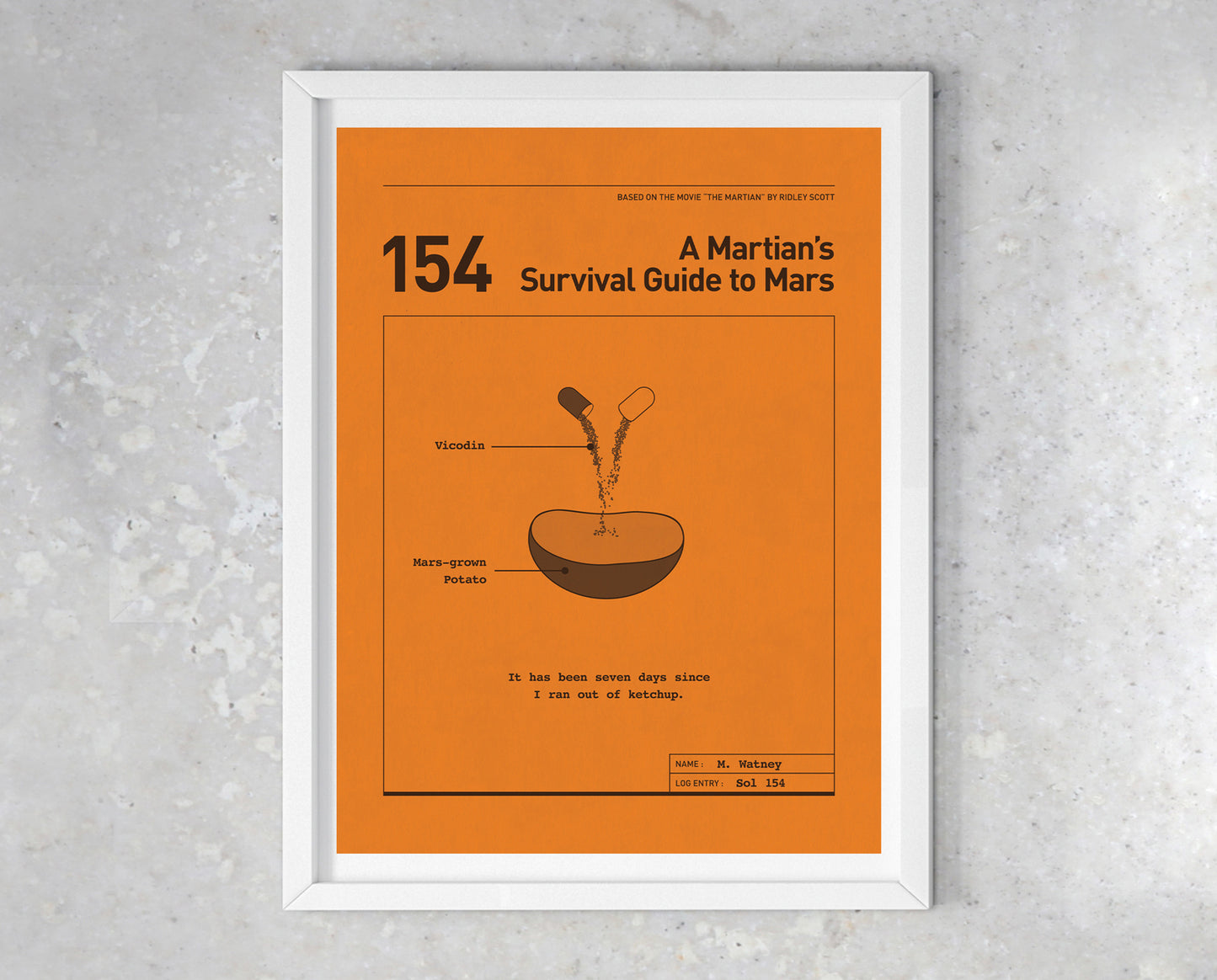 The Martian movie quote digital poster titled "A Martian's Survival Guide to Mars" featuring Mark Watney's quote "It has been seven days since I ran out of ketchup." on an orange background with a minimalist diagrammatic design of Watney’s medicine pills added to a potato.