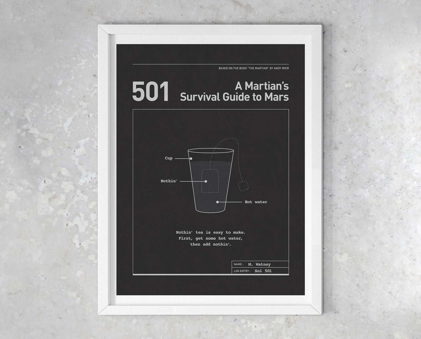 The Martian movie quote digital poster titled "A Martian's Survival Guide to Mars" featuring Mark Watney's quote "Nothin' tea is easy to make. First, get some hot water, then add nothin'." on a dark grey background with a minimalist diagrammatic design of Nothin’ Tea.