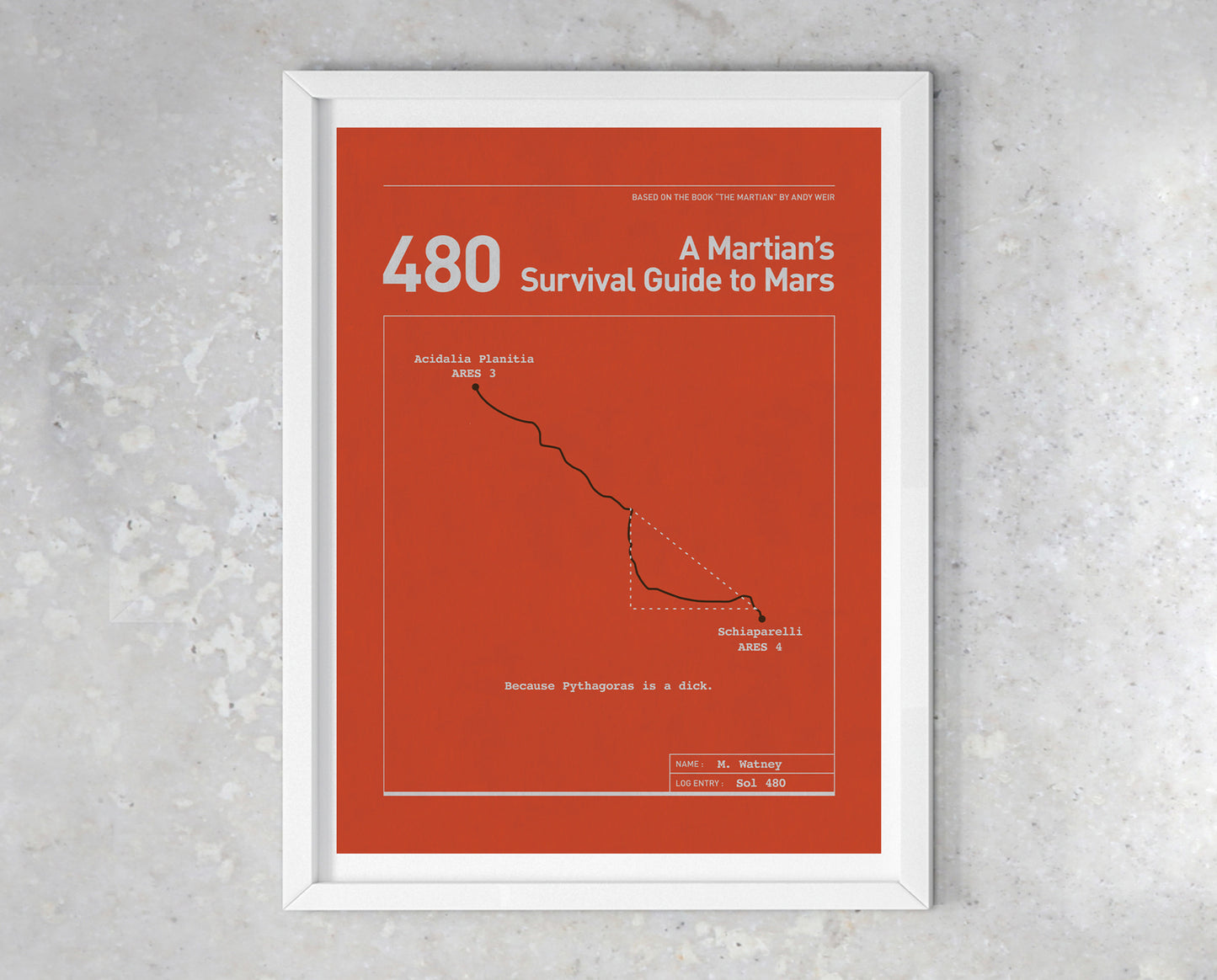 The Martian movie quote digital poster titled "A Martian's Survival Guide to Mars" featuring Mark Watney's quote "Because Pythagoras is a dick." on a red background with a minimalist diagrammatic design of Watney’s mapped route dilemma highlighting the Pythagorean theorem.
