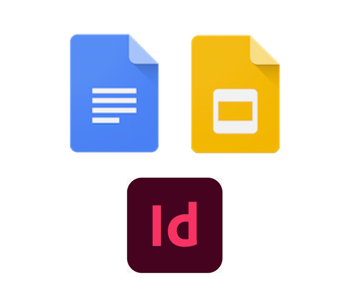 Icons of Google Docs, Google Slides, and Adobe InDesign
