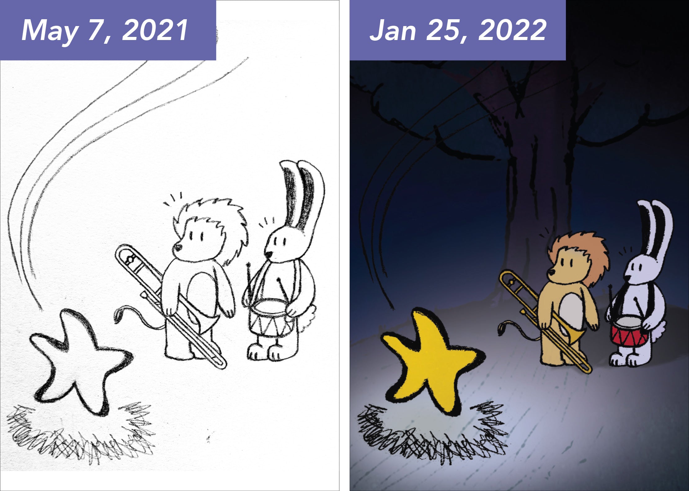 Before and after drawing comparison of a Lion and Bunny looking at a Star