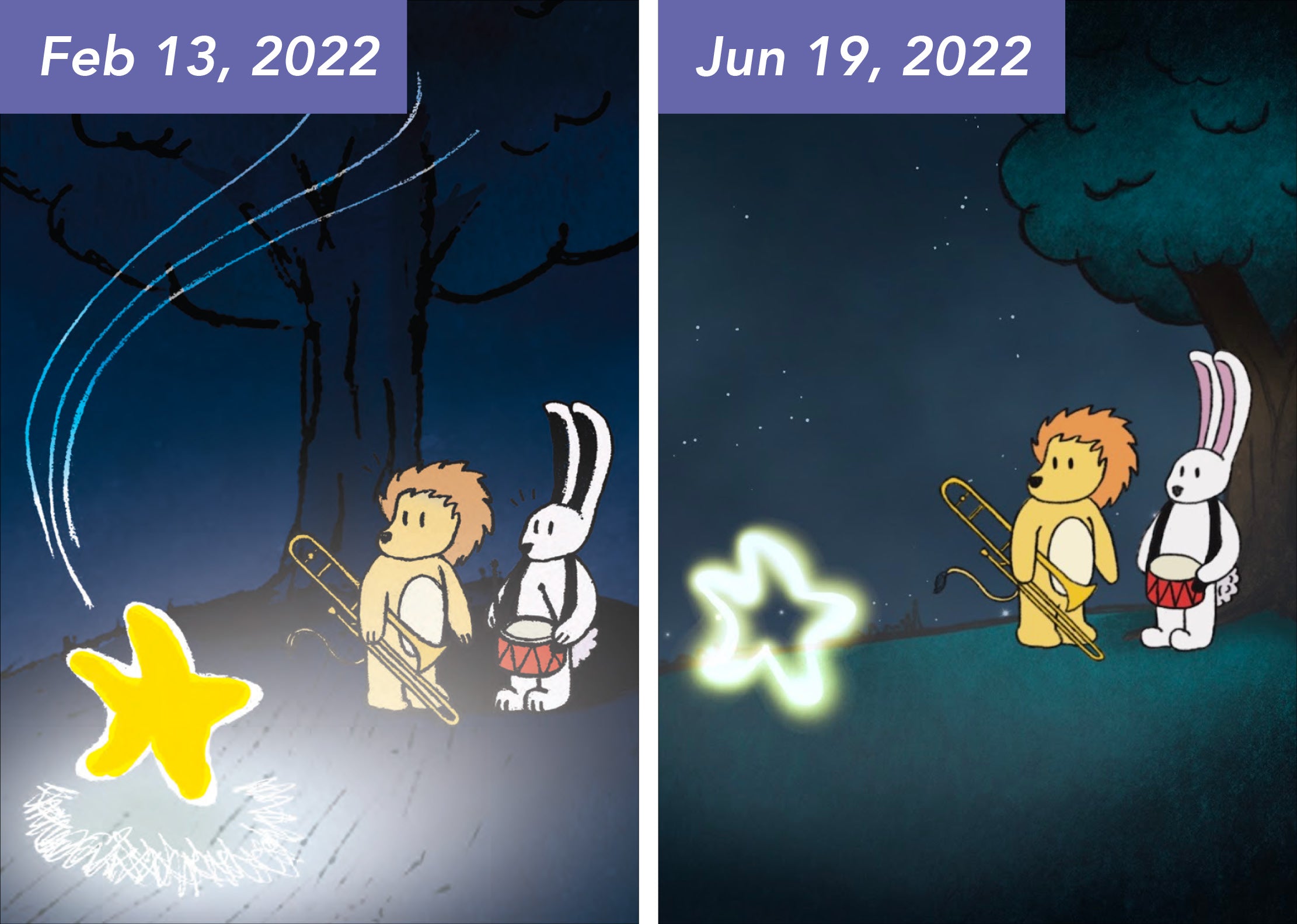 Before and after drawing comparison of a Lion and Bunny looking at a Star