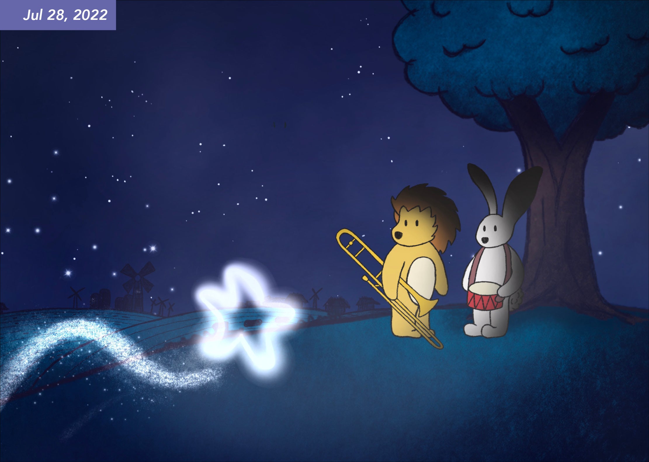 Image of an improved digital drawing of a Lion and Bunny looking at a Star