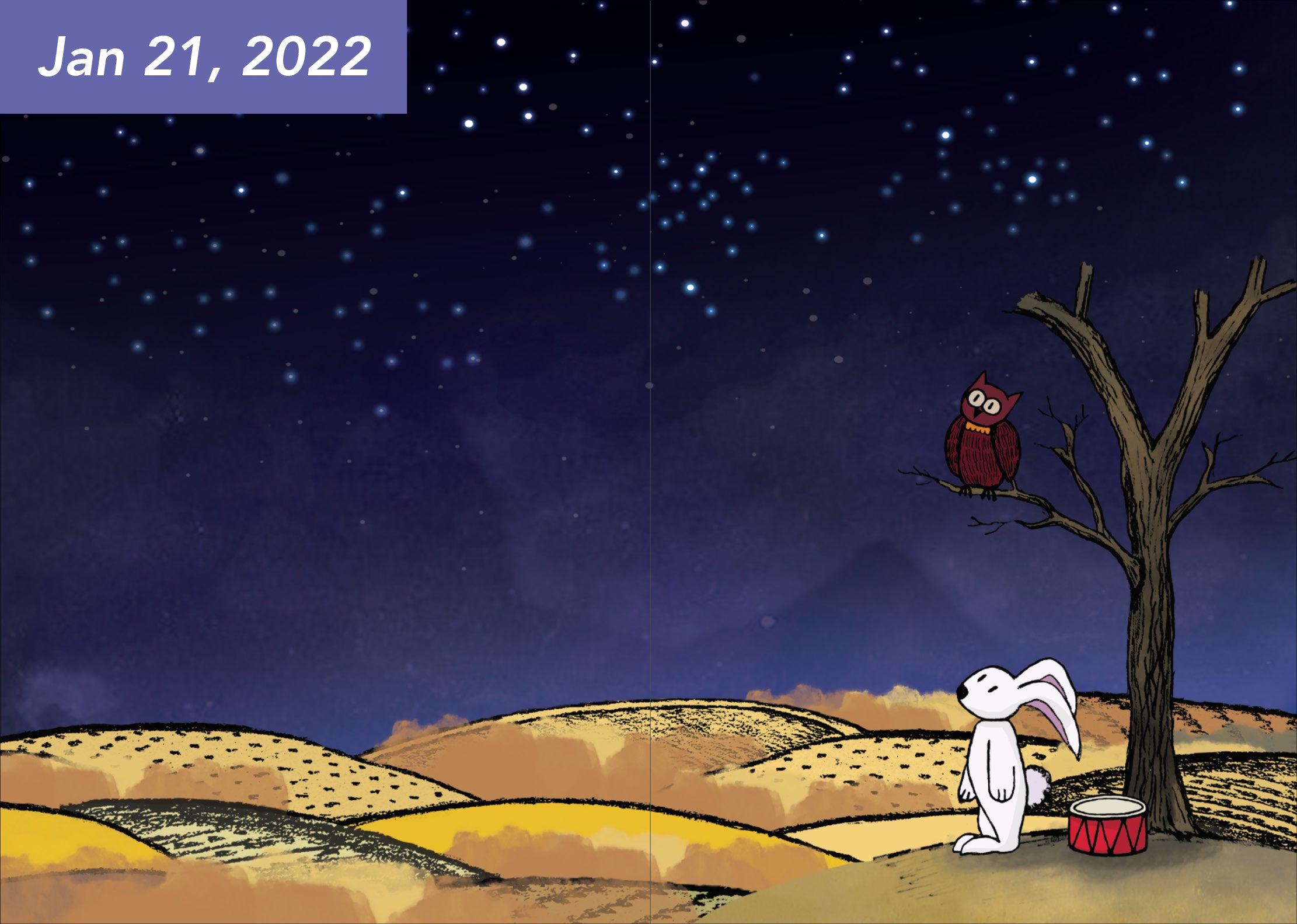 Image of a Bunny and an Owl under a starry night scene