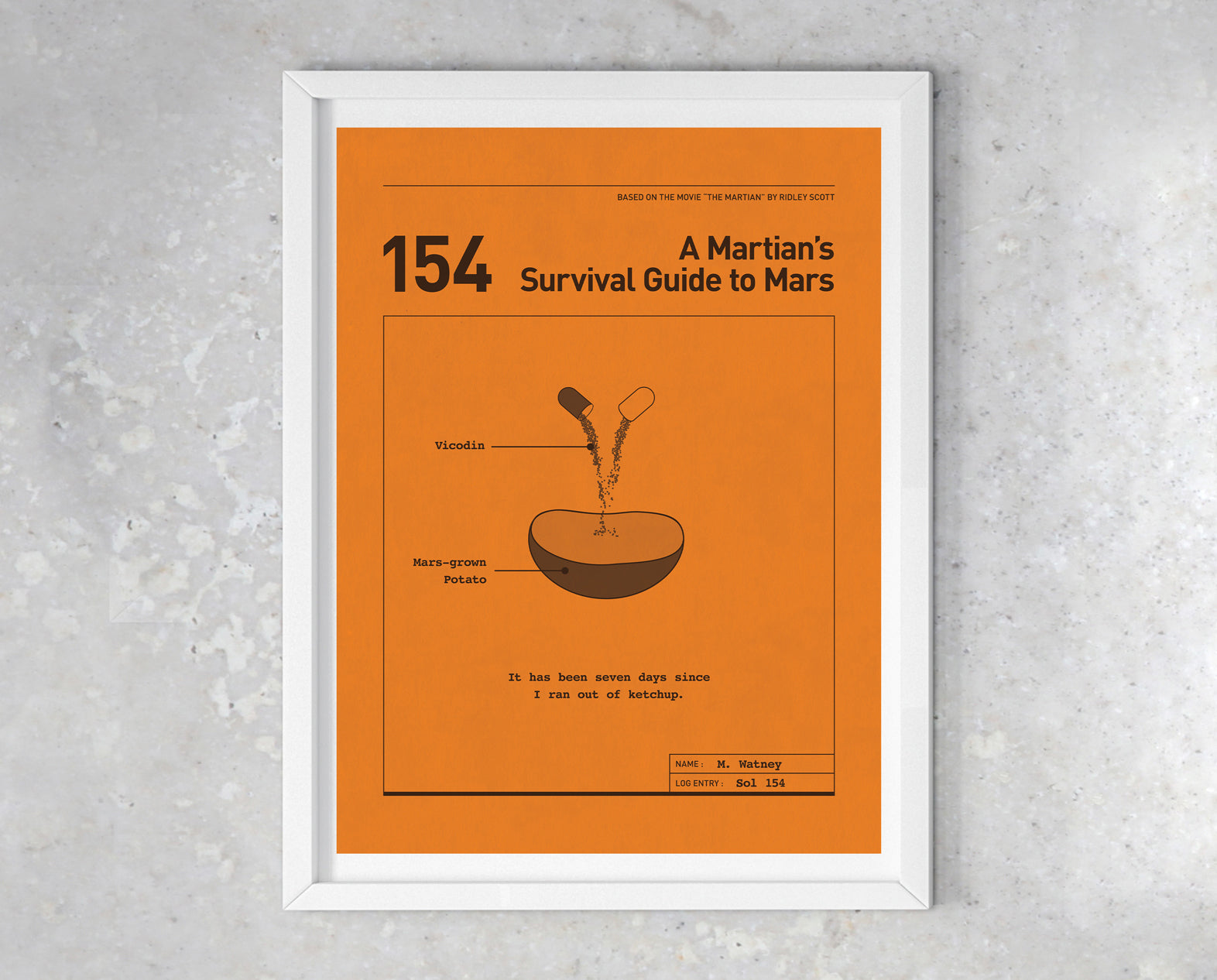 The Martian movie quote digital poster titled "A Martian's Survival Guide to Mars" featuring Mark Watney's quote "It has been seven days since I ran out of ketchup." on an orange background with a minimalist diagrammatic design of Watney’s medicine pills added to a potato.