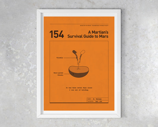 The Martian movie quote digital poster titled "A Martian's Survival Guide to Mars" featuring Mark Watney's quote "It has been seven days since I ran out of ketchup." on an orange background with a minimalist diagrammatic design of Watney’s medicine pills added to a potato.